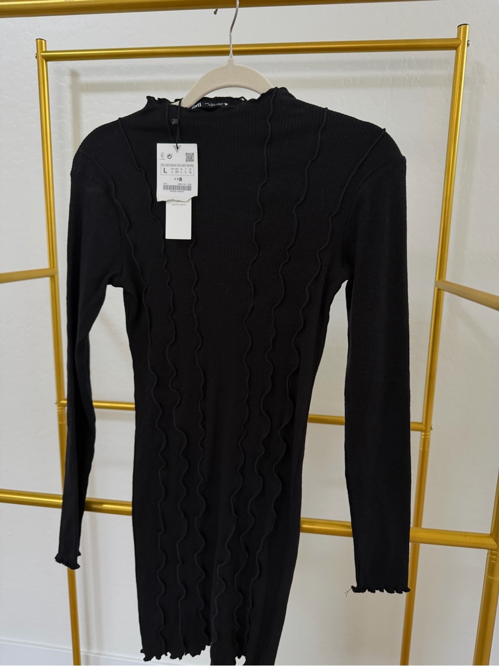 Zara Black Ribbed Long-Sleeve Bodycon Dress
